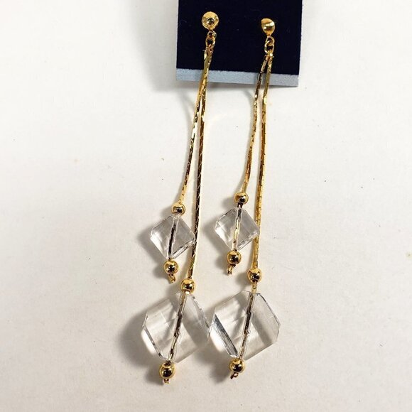 Clear Acrylic Beads Drop Earrings w/ Gold-tone Fringe Chain Dangle Chic Jewelry - Picture 3 of 8